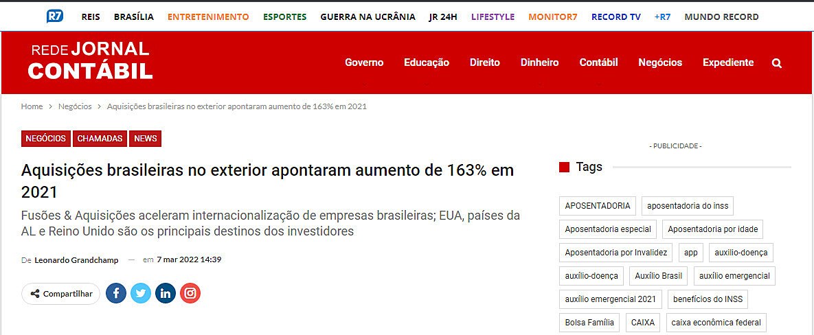 Aquisies brasileiras no exterior apontaram aumento de 163% em 2021